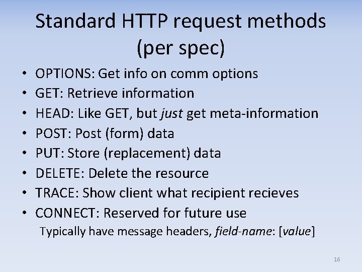 Standard HTTP request methods (per spec) • • OPTIONS: Get info on comm options