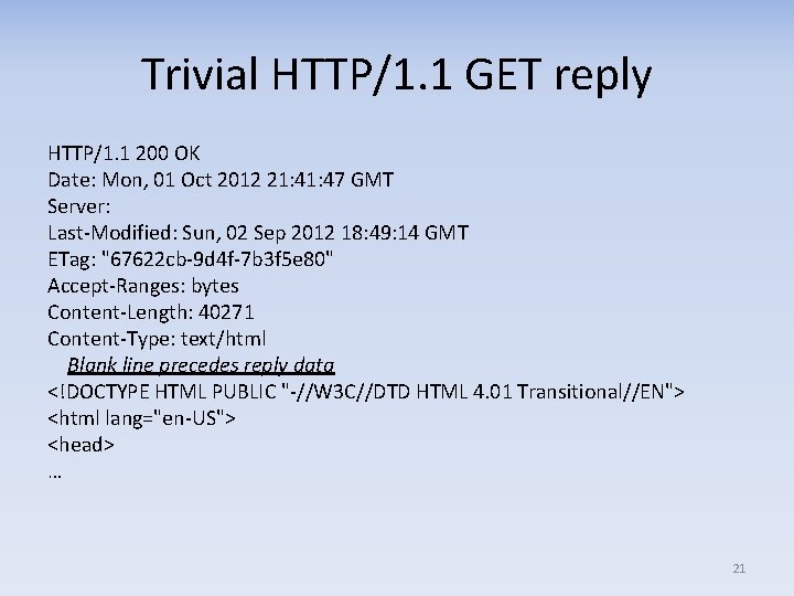 Trivial HTTP/1. 1 GET reply HTTP/1. 1 200 OK Date: Mon, 01 Oct 2012