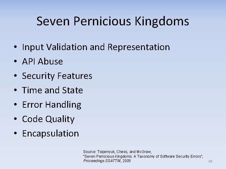 Seven Pernicious Kingdoms • • Input Validation and Representation API Abuse Security Features Time