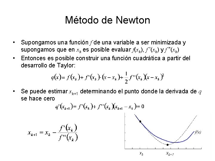 Método de Newton • Supongamos una función f de una variable a ser minimizada