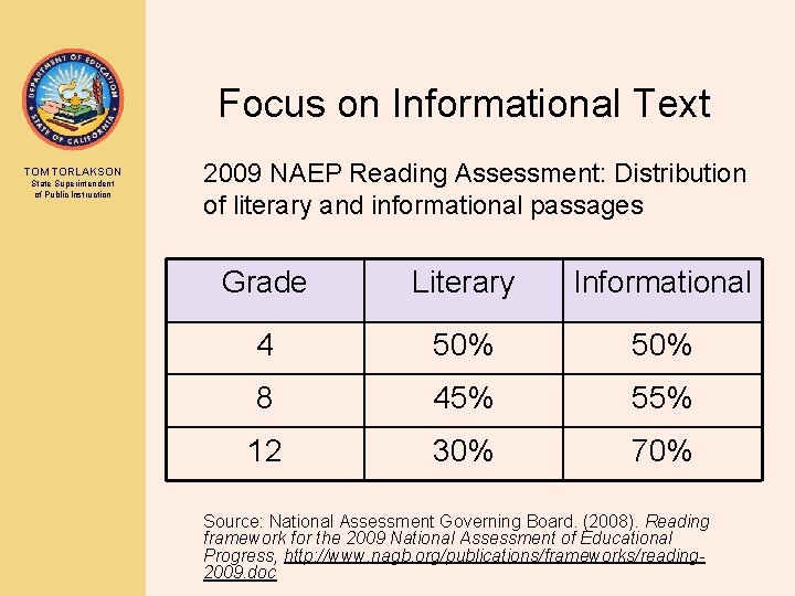 Focus on Informational Text TOM TORLAKSON State Superintendent of Public Instruction 2009 NAEP Reading