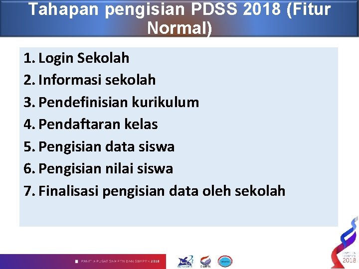 Tahapan pengisian PDSS 2018 (Fitur Normal) 1. Login Sekolah 2. Informasi sekolah 3. Pendefinisian