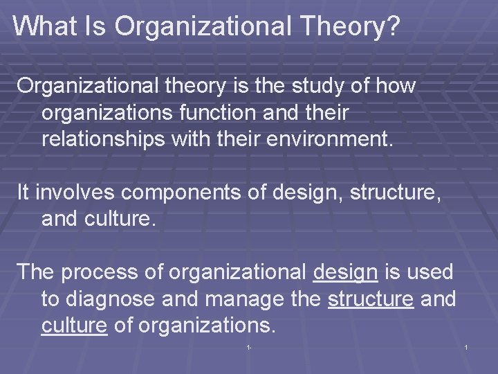 What Is Organizational Theory? Organizational theory is the study of how organizations function and