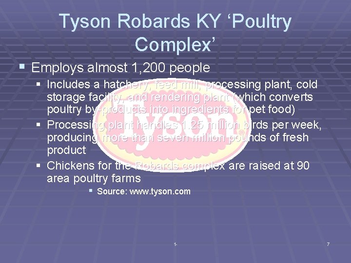 Tyson Robards KY ‘Poultry Complex’ § Employs almost 1, 200 people § Includes a