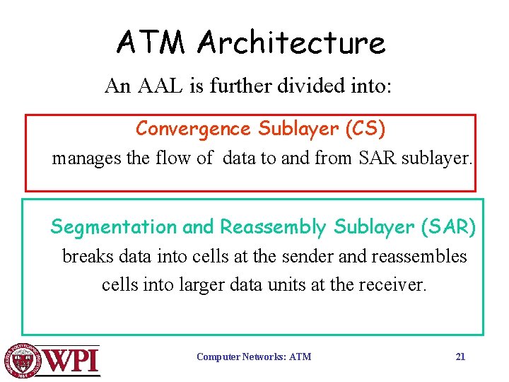 ATM Architecture An AAL is further divided into: Convergence Sublayer (CS) manages the flow