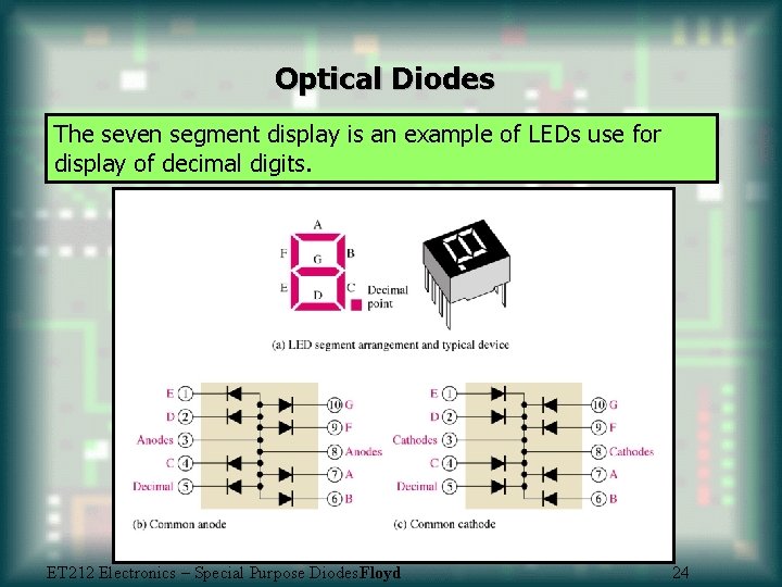 Optical Diodes The seven segment display is an example of LEDs use for display