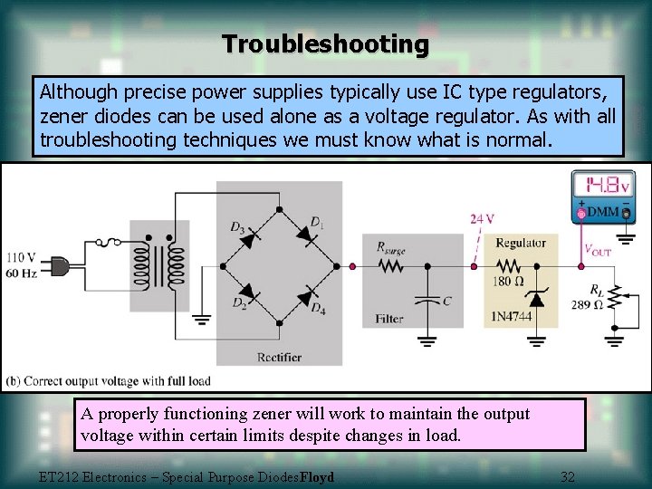 Troubleshooting Although precise power supplies typically use IC type regulators, zener diodes can be