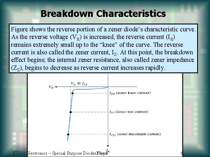 Breakdown Characteristics Figure shows the reverse portion of a zener diode’s characteristic curve. As