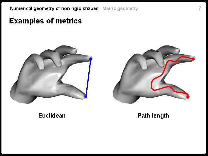 Numerical geometry of non-rigid shapes Metric geometry Examples of metrics Euclidean Path length 7