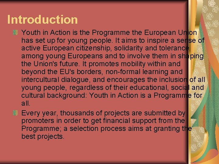 Introduction Youth in Action is the Programme the European Union has set up for