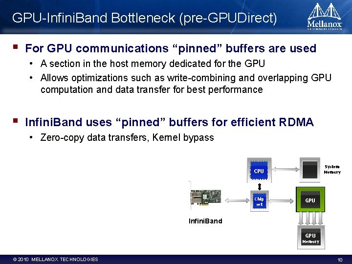 GPU-Infini. Band Bottleneck (pre-GPUDirect) § For GPU communications “pinned” buffers are used • A