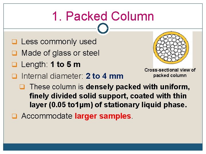 1. Packed Column q Less commonly used q Made of glass or steel q