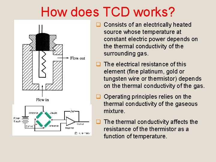 How does TCD works? q Consists of an electrically heated source whose temperature at