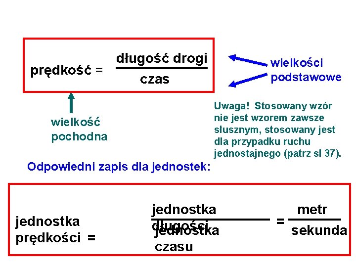 prędkość = długość drogi wielkości podstawowe czas Uwaga! Stosowany wzór nie jest wzorem zawsze