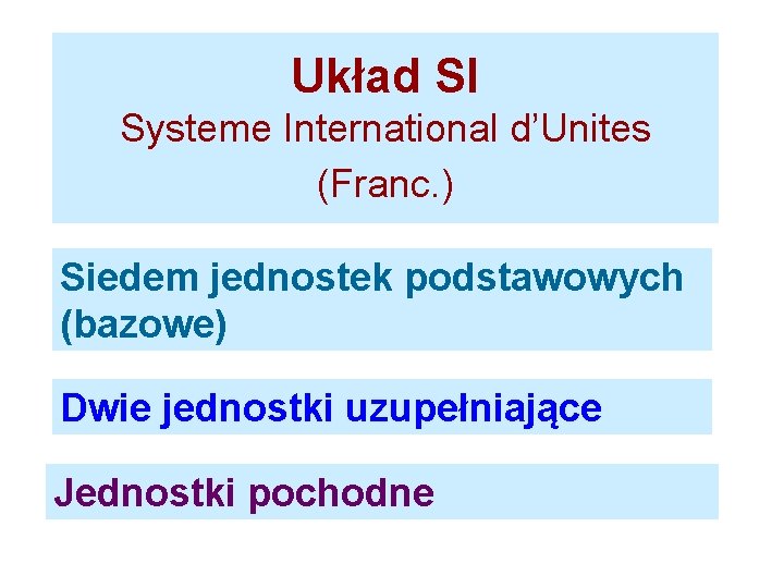 Układ SI Systeme International d’Unites (Franc. ) Siedem jednostek podstawowych (bazowe) Dwie jednostki uzupełniające