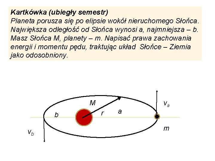 Kartkówka (ubiegły semestr) Planeta porusza się po elipsie wokół nieruchomego Słońca. Największa odległość od Kartkówka (ubiegły semestr) Planeta porusza się po elipsie wokół nieruchomego Słońca. Największa odległość od