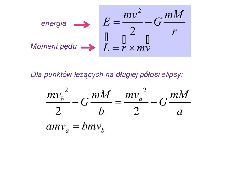 energia Moment pędu Dla punktów leżących na długiej półosi elipsy: energia Moment pędu Dla punktów leżących na długiej półosi elipsy: