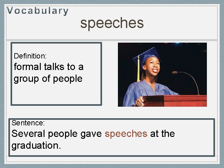 speeches Definition: formal talks to a group of people Sentence: Several people gave speeches