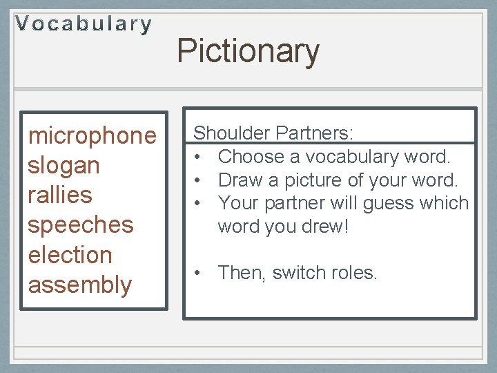 Pictionary microphone slogan rallies speeches election assembly Shoulder Partners: • Choose a vocabulary word.