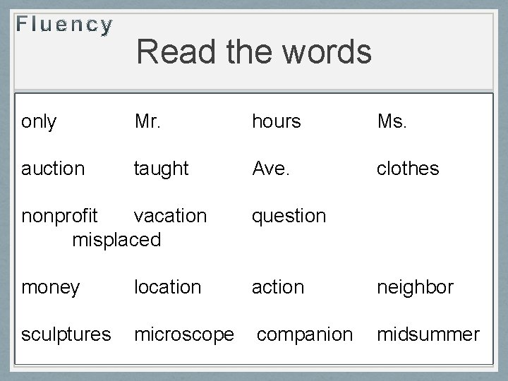 Read the words only Mr. hours Ms. auction taught Ave. clothes nonprofit vacation misplaced