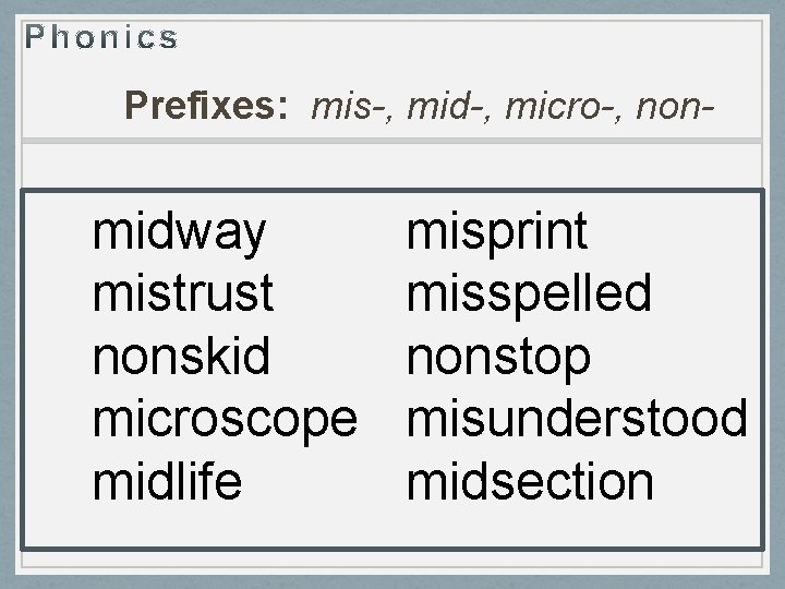 Prefixes: mis-, mid-, micro-, non- midway mistrust nonskid microscope midlife misprint misspelled nonstop misunderstood