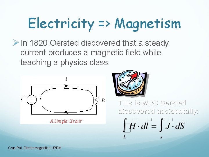 Electricity => Magnetism Ø In 1820 Oersted discovered that a steady current produces a