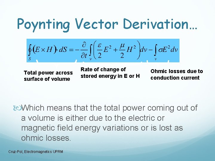 Poynting Vector Derivation… Total power across surface of volume Rate of change of stored