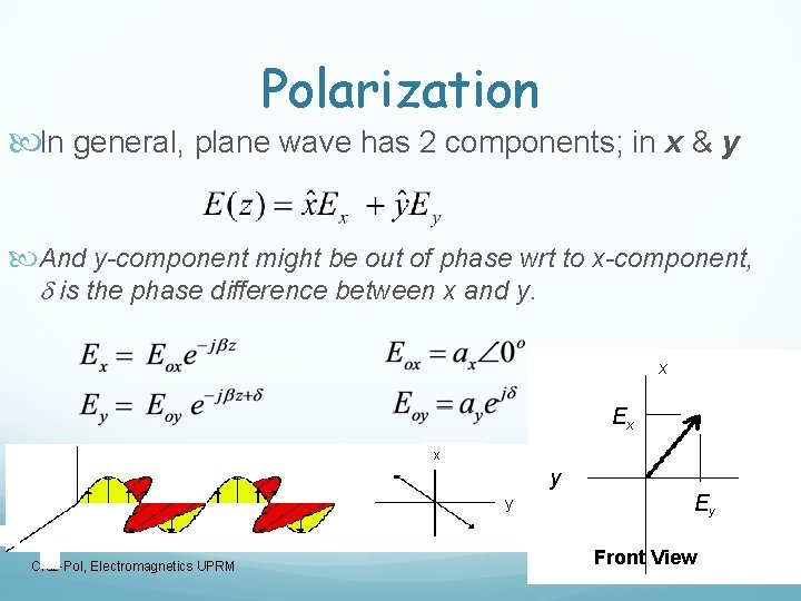 Polarization In general, plane wave has 2 components; in x & y And y-component