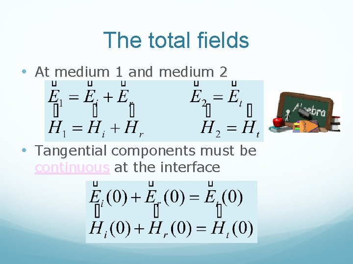 The total fields • At medium 1 and medium 2 • Tangential components must