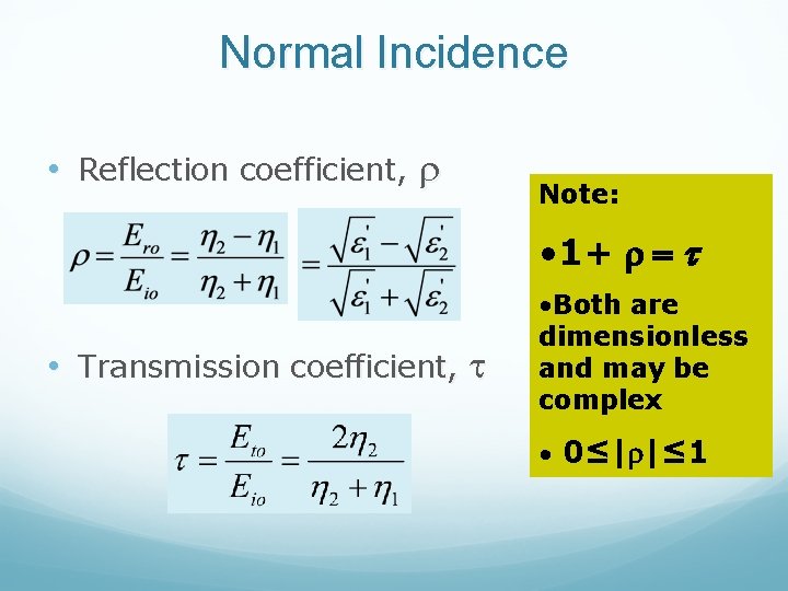 Normal Incidence • Reflection coefficient, r Note: • 1+ r = t • Transmission