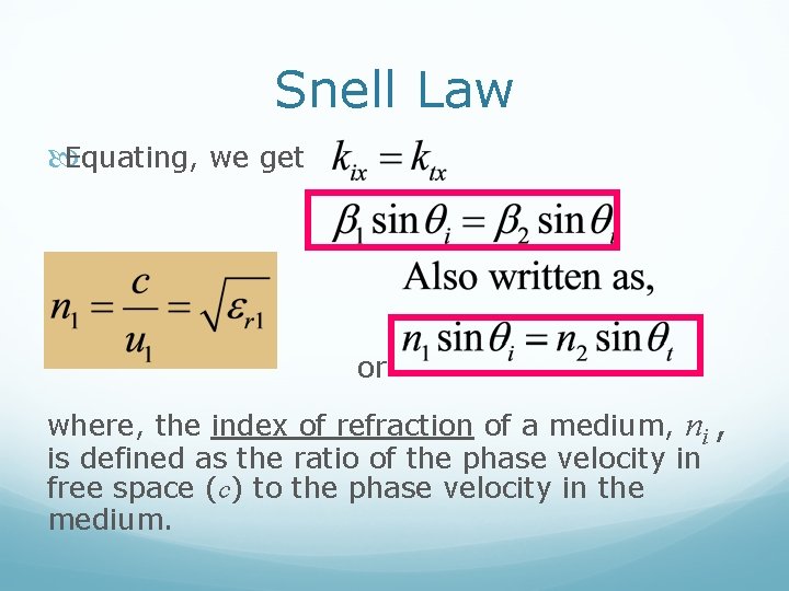 Snell Law Equating, we get or where, the index of refraction of a medium,