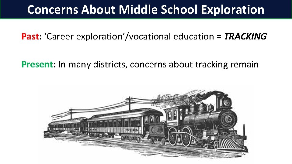 Concerns About Middle School Exploration Past: ‘Career exploration’/vocational education = TRACKING Present: In many