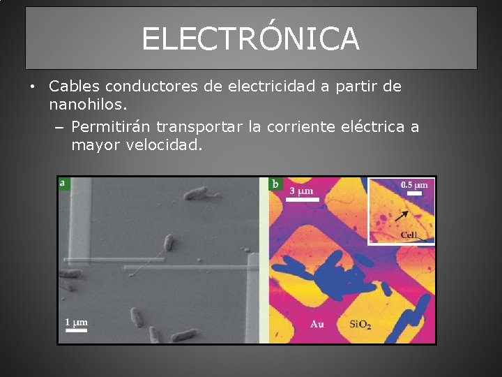 ELECTRÓNICA • Cables conductores de electricidad a partir de nanohilos. – Permitirán transportar la