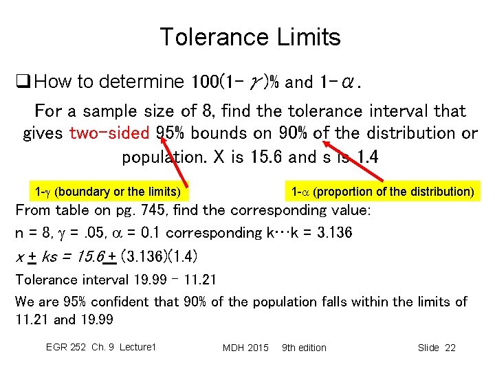 Tolerance Limits q How to determine 100(1 -γ)% and 1 -α. For a sample