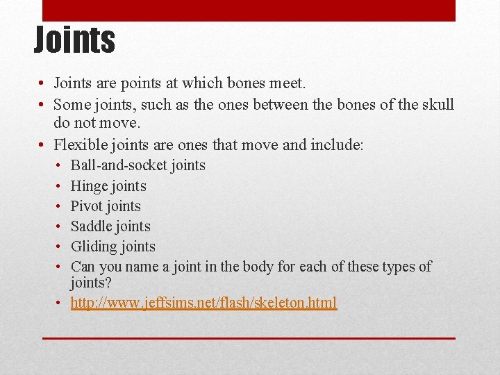 Joints • Joints are points at which bones meet. • Some joints, such as