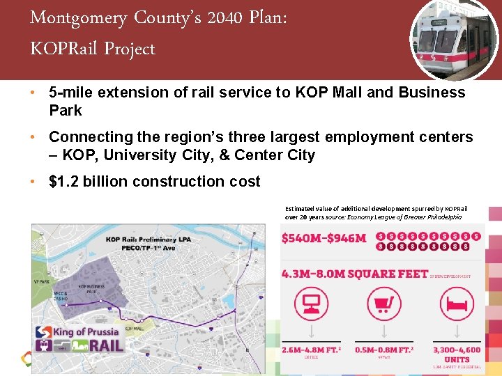 Montgomery County’s 2040 Plan: KOPRail Project • 5 -mile extension of rail service to