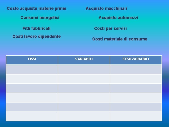 Costo acquisto materie prime Acquisto macchinari Acquisto automezzi Consumi energetici Fitti fabbricati Costi lavoro