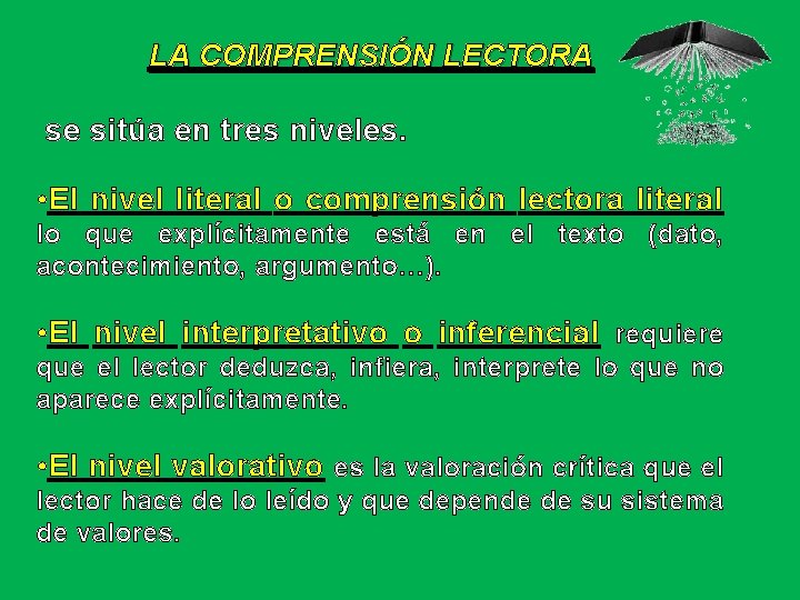 LA COMPRENSIÓN LECTORA se sitúa en tres niveles. • El nivel literal o comprensión