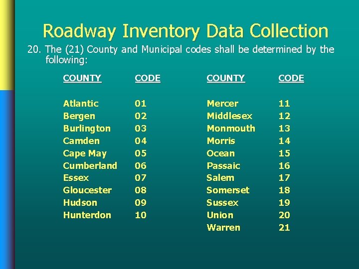 Roadway Inventory Data Collection 20. The (21) County and Municipal codes shall be determined