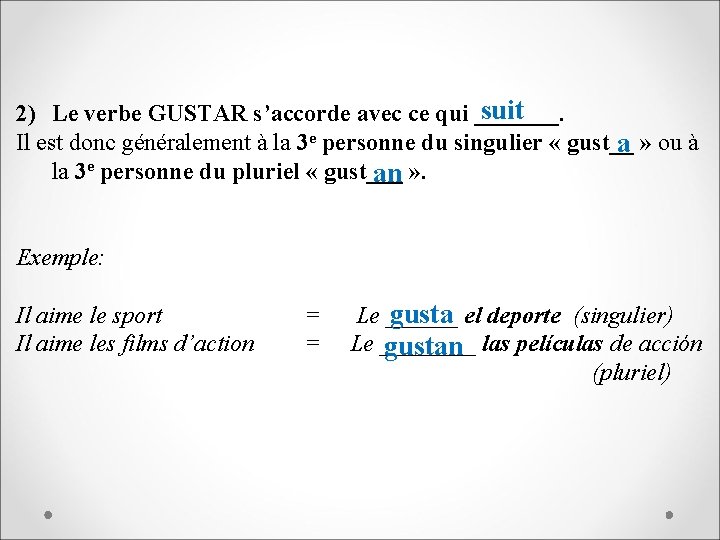 suit 2) Le verbe GUSTAR s’accorde avec ce qui _______. Il est donc généralement