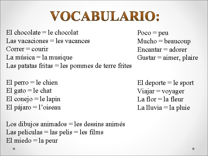 El chocolate = le chocolat Las vacaciones = les vacances Correr = courir La