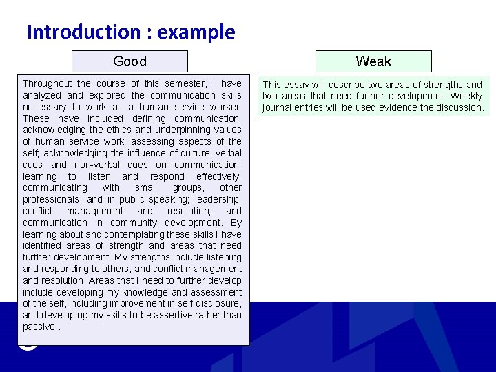 Introduction : example Good Throughout the course of this semester, I have analyzed and