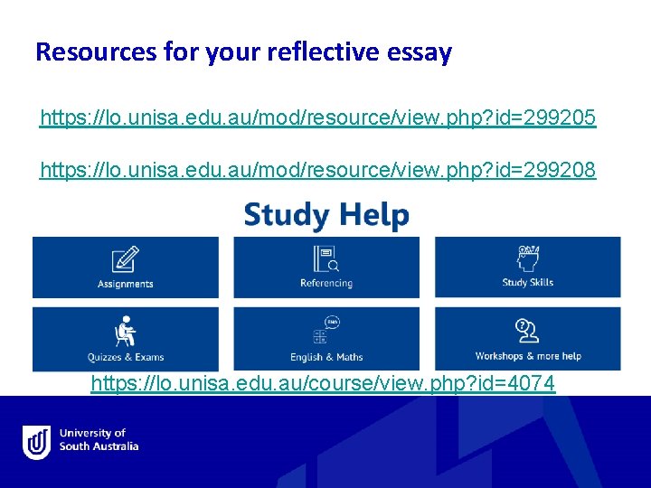 Resources for your reflective essay https: //lo. unisa. edu. au/mod/resource/view. php? id=299205 https: //lo.