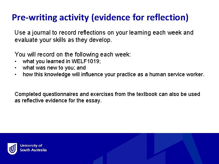 Pre-writing activity (evidence for reflection) Use a journal to record reflections on your learning