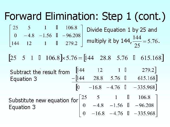 Forward Elimination: Step 1 (cont. ) Divide Equation 1 by 25 and multiply it Forward Elimination: Step 1 (cont. ) Divide Equation 1 by 25 and multiply it