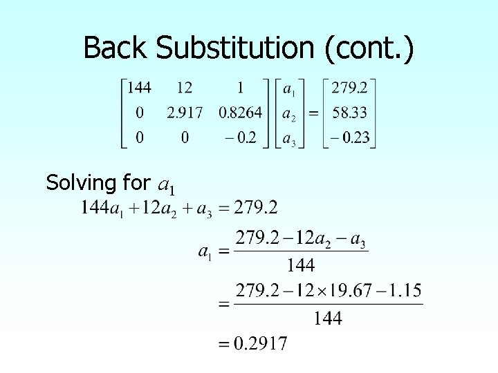 Back Substitution (cont. ) Solving for a 1 