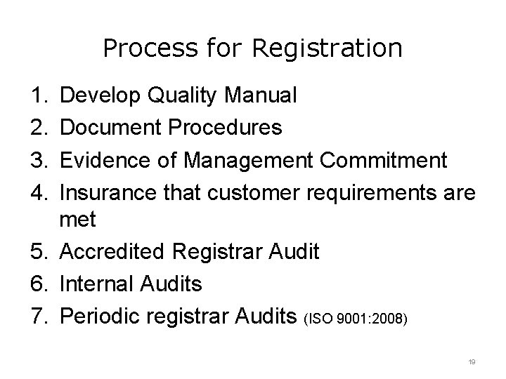 Process for Registration 1. 2. 3. 4. Develop Quality Manual Document Procedures Evidence of
