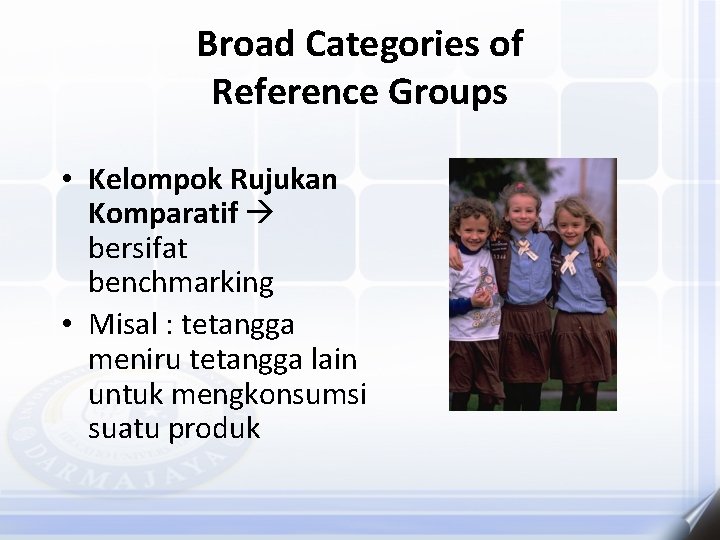 Broad Categories of Reference Groups • Kelompok Rujukan Komparatif bersifat benchmarking • Misal :