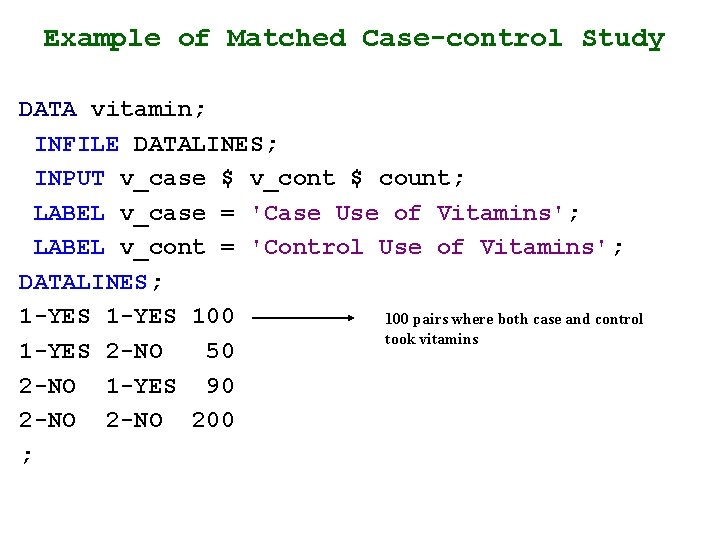Example of Matched Case-control Study DATA vitamin; INFILE DATALINES; INPUT v_case $ v_cont $