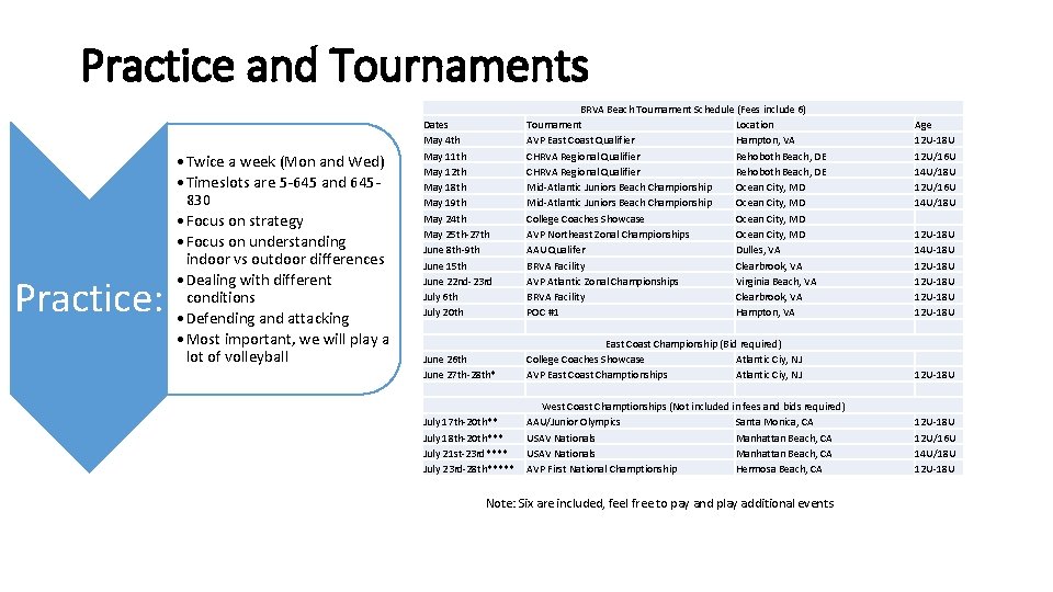 Practice and Tournaments Practice: • Twice a week (Mon and Wed) • Timeslots are